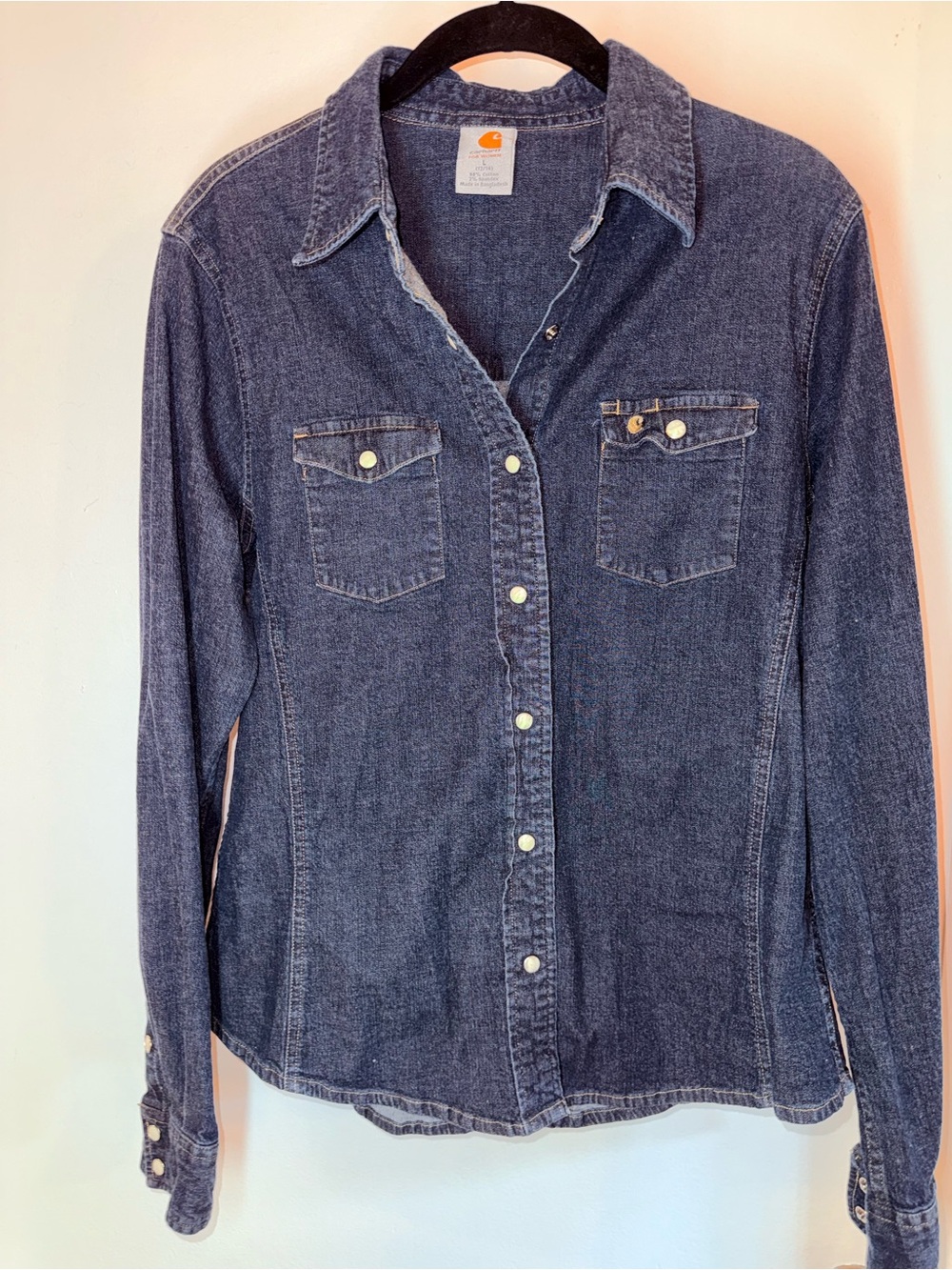 Carhartt Women’s Denim Snap Front Western Shirt Size L 12/14 Dark Wash Stretch